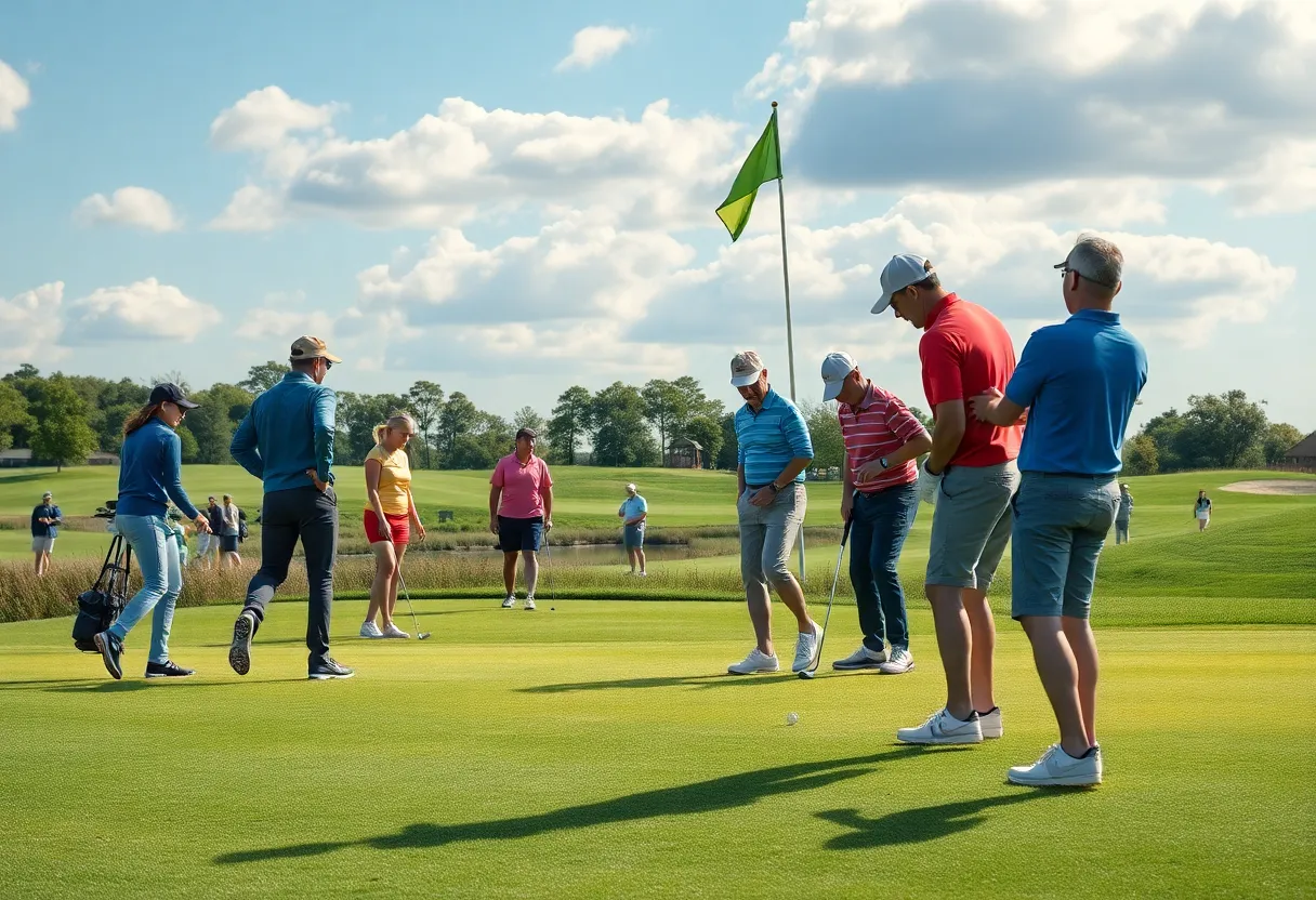 People enjoying a lively day at the golf course, reflecting community collaboration.