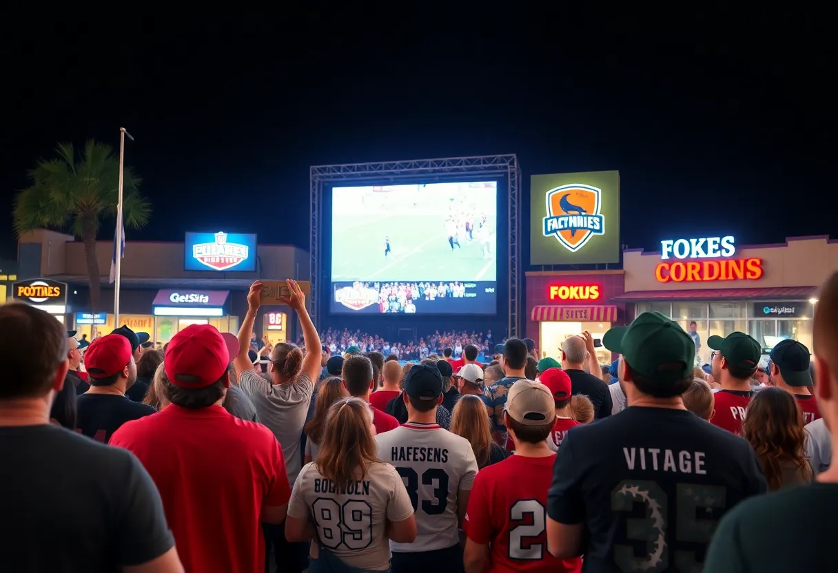 Fans celebrating the Super Bowl with local business advertisements