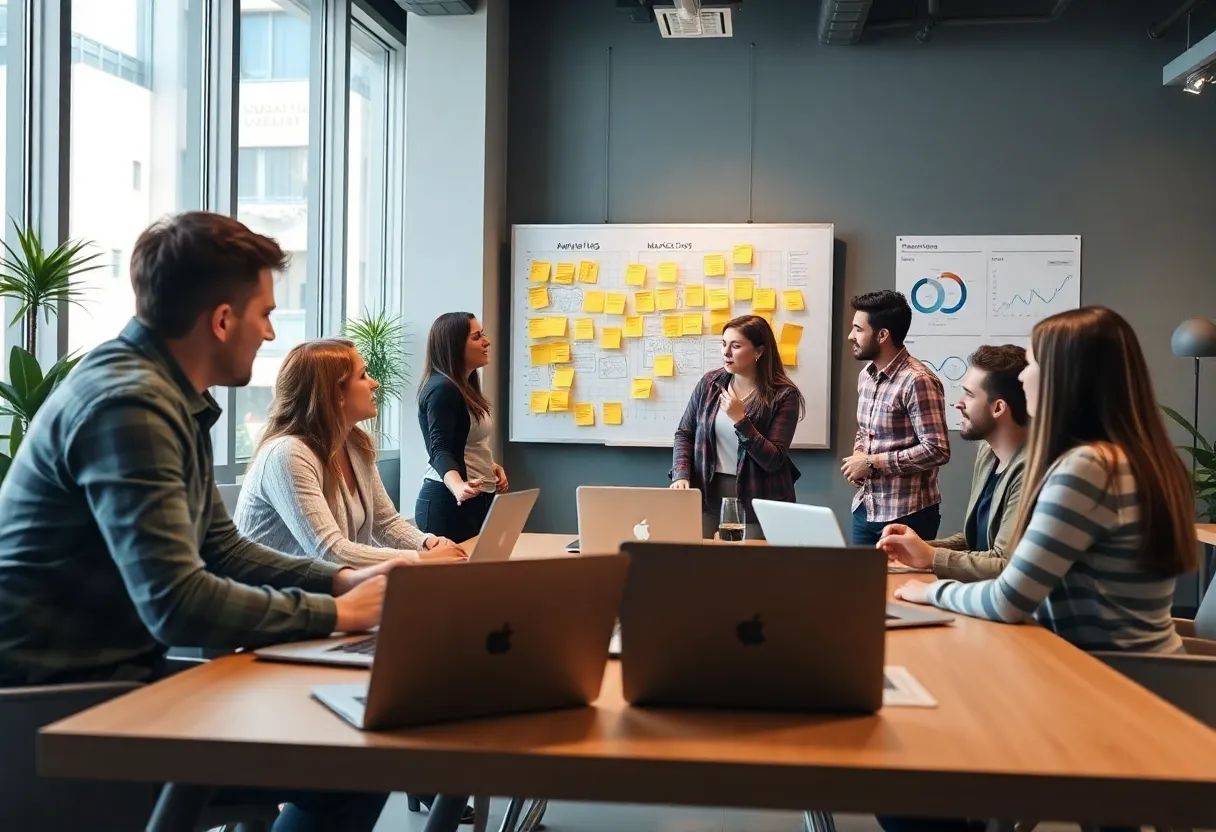 A group of marketing professionals working together in a modern office, focused on digital marketing strategy.