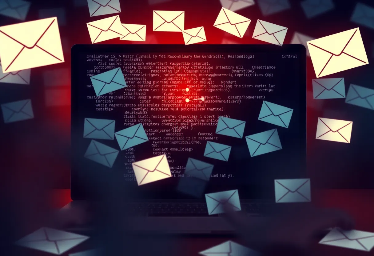 Illustration of digital chaos from cyber attacks with overflowing emails.