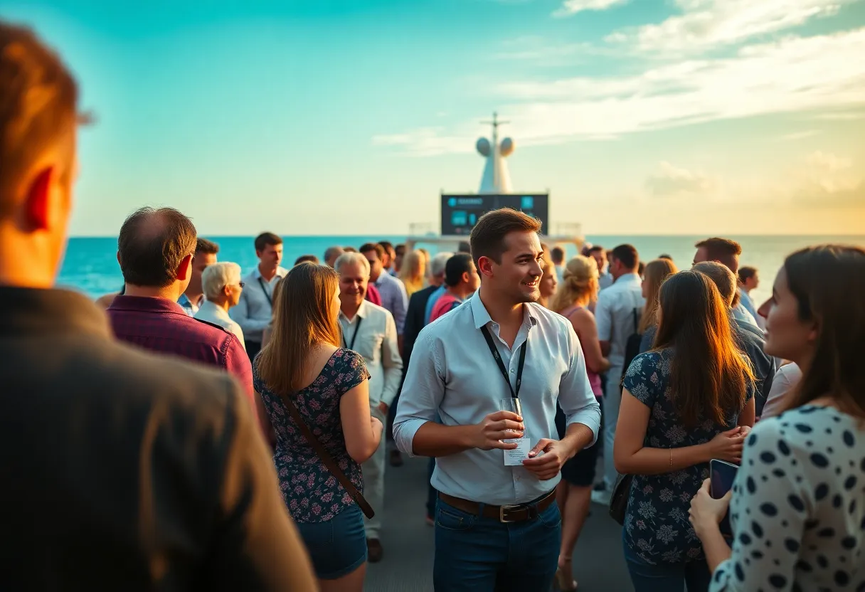 Networking scene aboard DigiMarCon Cruise 2025 with ocean backdrop.