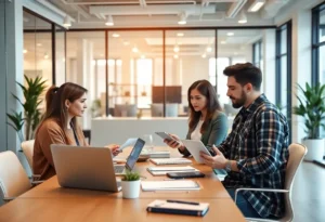 Team working on digital real estate marketing strategies in a modern office.