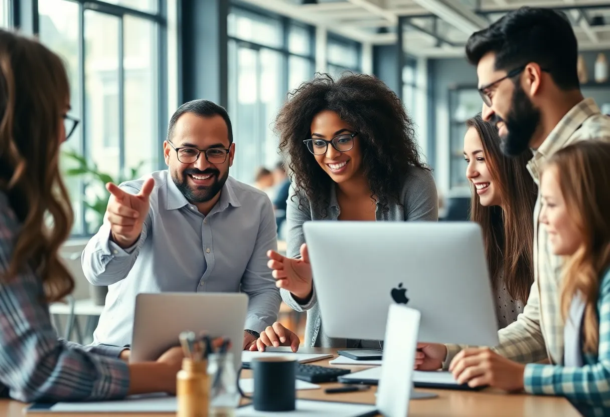 Digital marketing team collaborating in a modern office environment