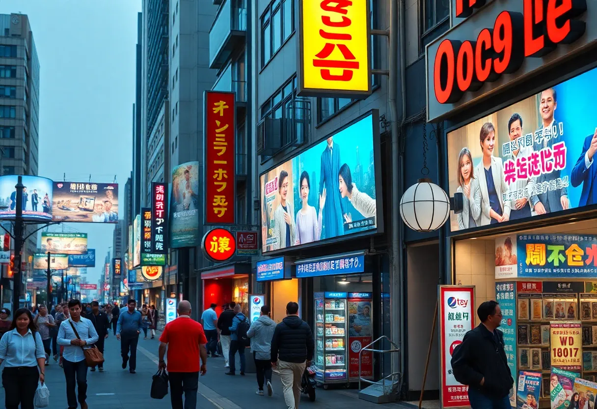 Vibrant video advertisements displayed by local businesses in a major U.S. city