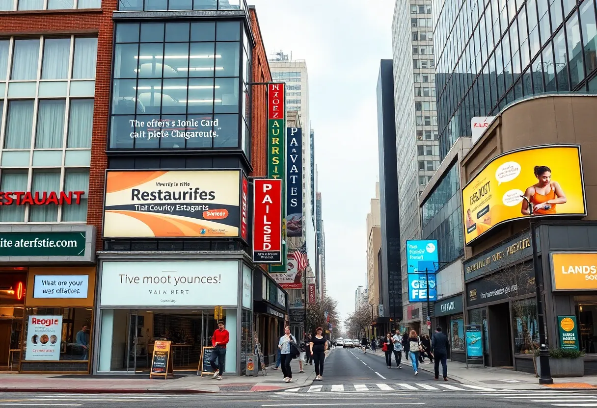 A dynamic city scene featuring local businesses advertising to the community.