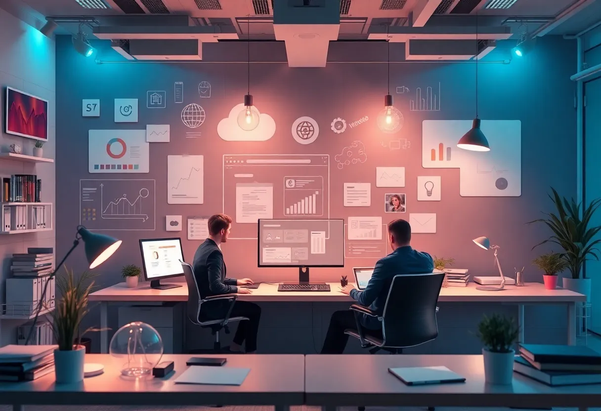 A virtual workspace depicting modern business consulting tools