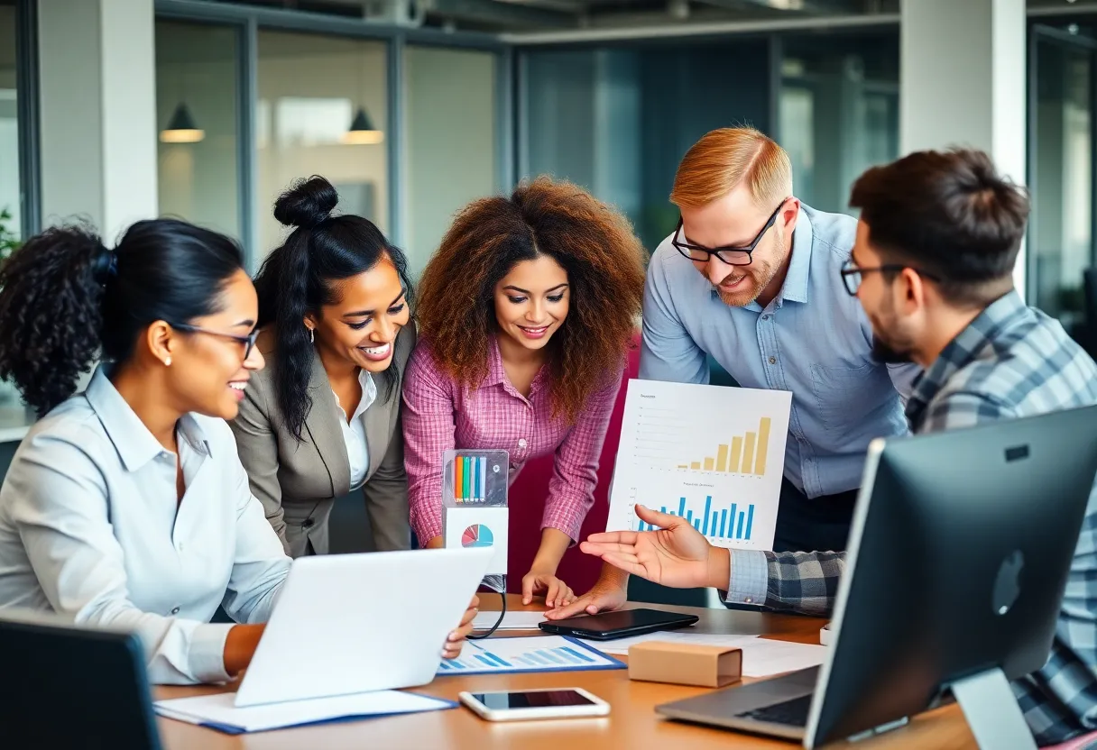 Marketing professionals engaged in a strategy session in a modern office