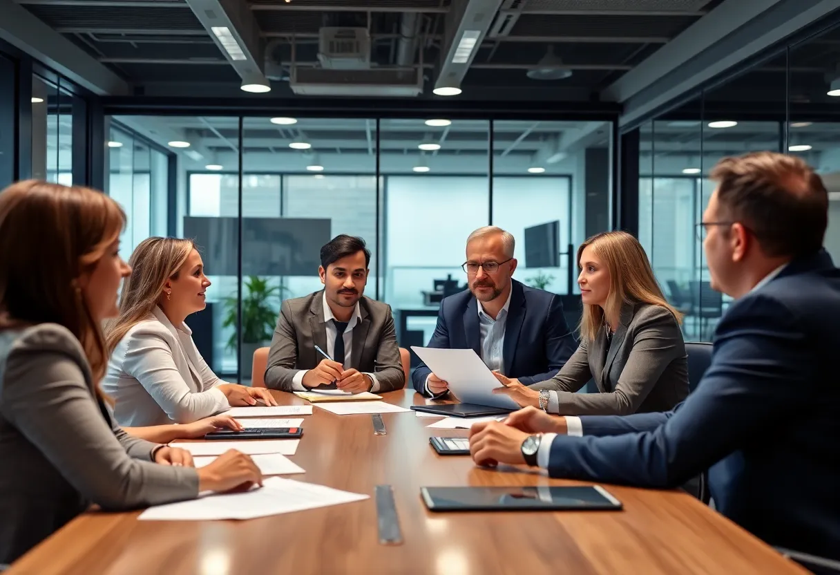 Executives in a meeting discussing merger strategies.