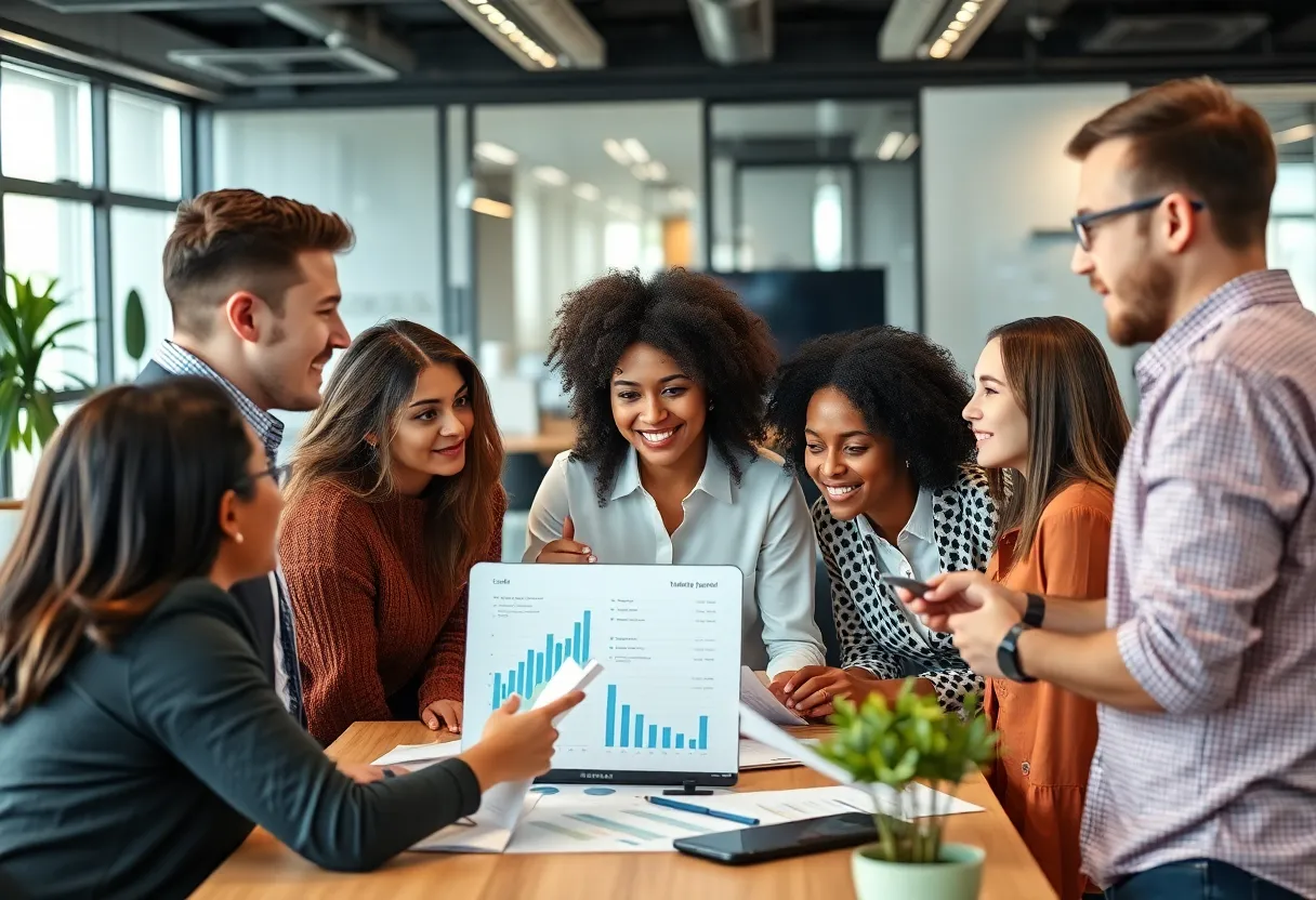 Team members discussing analytics in a modern office