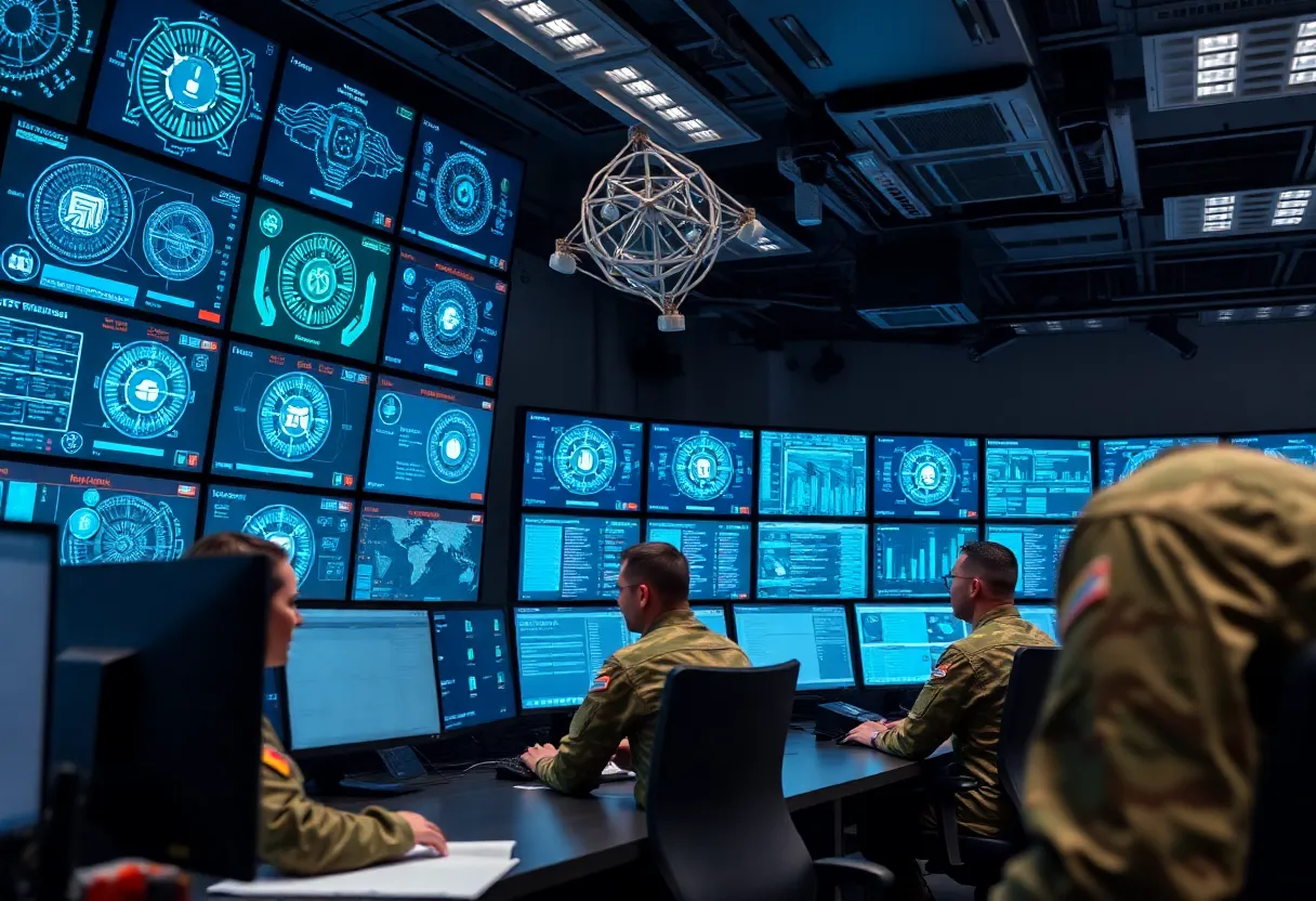 A military IT support command center with advanced AI technology.