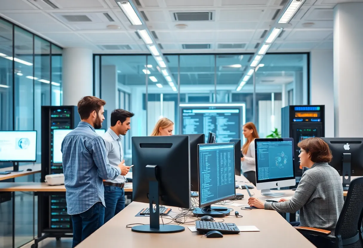 Team working on IT solutions in a modern office setting