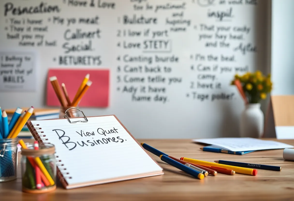 A workspace with brainstorming materials for a consulting business name.