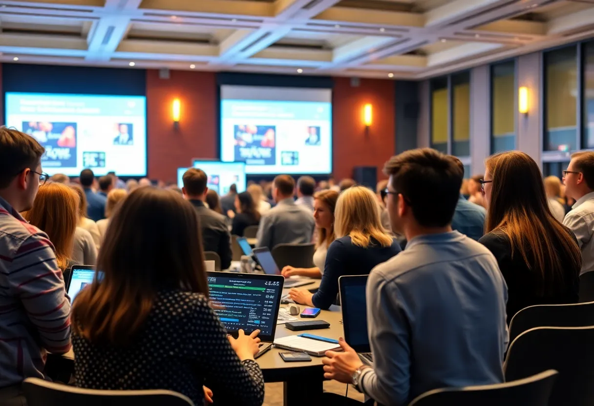 Attendees at the Digital Marketing Summit engaging in discussions.