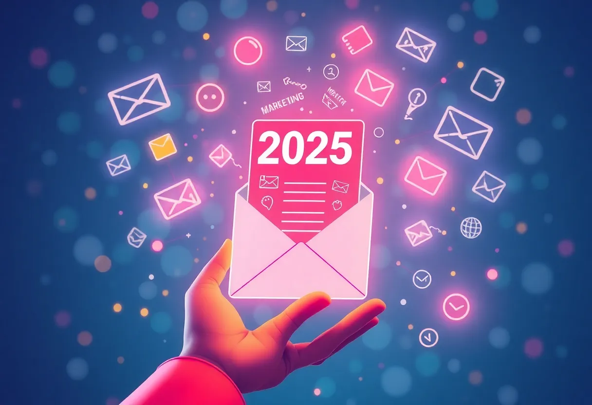 A graphic showing trends in email marketing for 2025, featuring AI and engagement statistics.