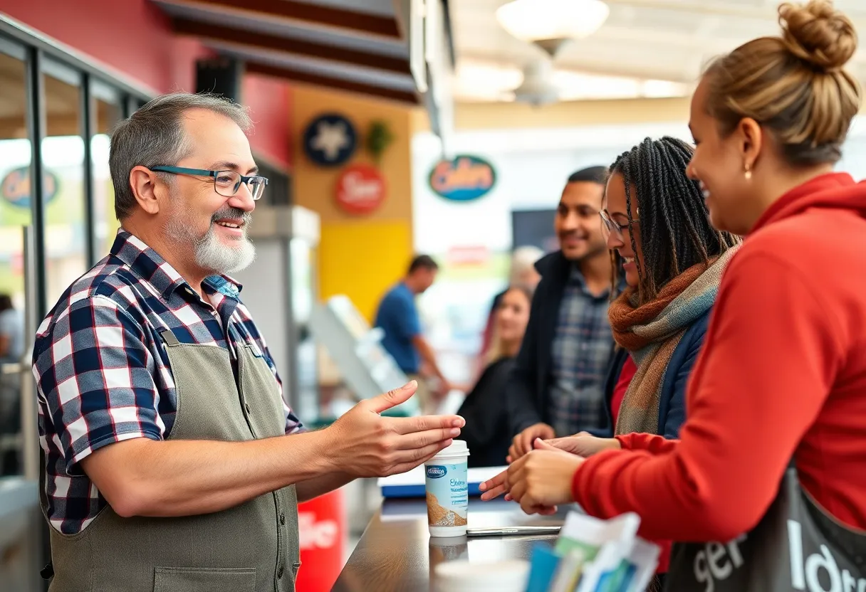 Franchise owner interacting with local customers in a community setting