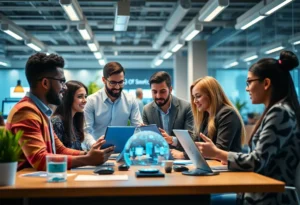 Professionals collaborating in a bright office with AI tools