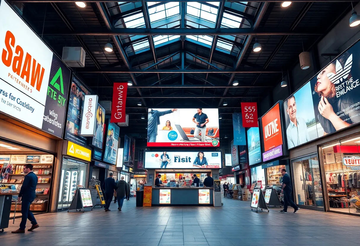 A bustling market filled with local advertising banners and digital screens.