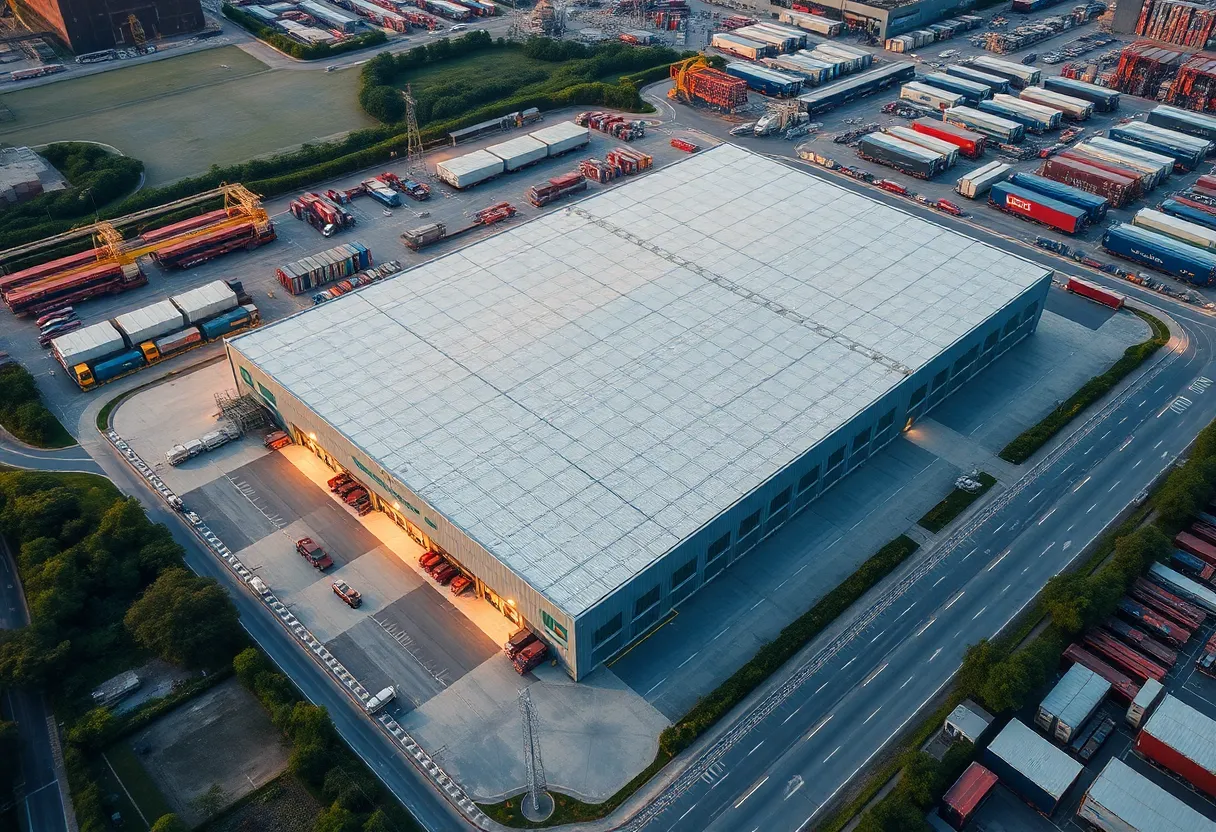 Aerial view of a large logistics hub highlighting modern architecture and technology