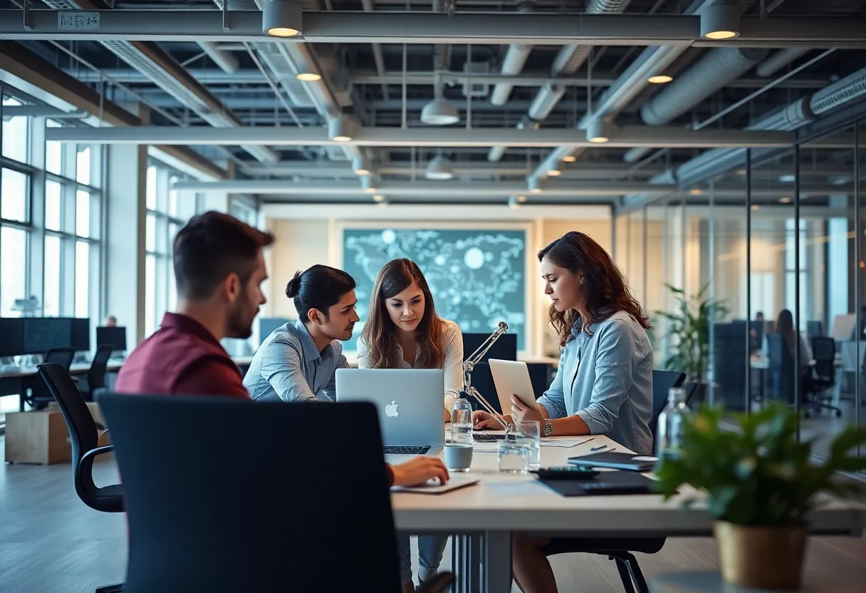 Teams collaborating to implement AI solutions in a modern office.