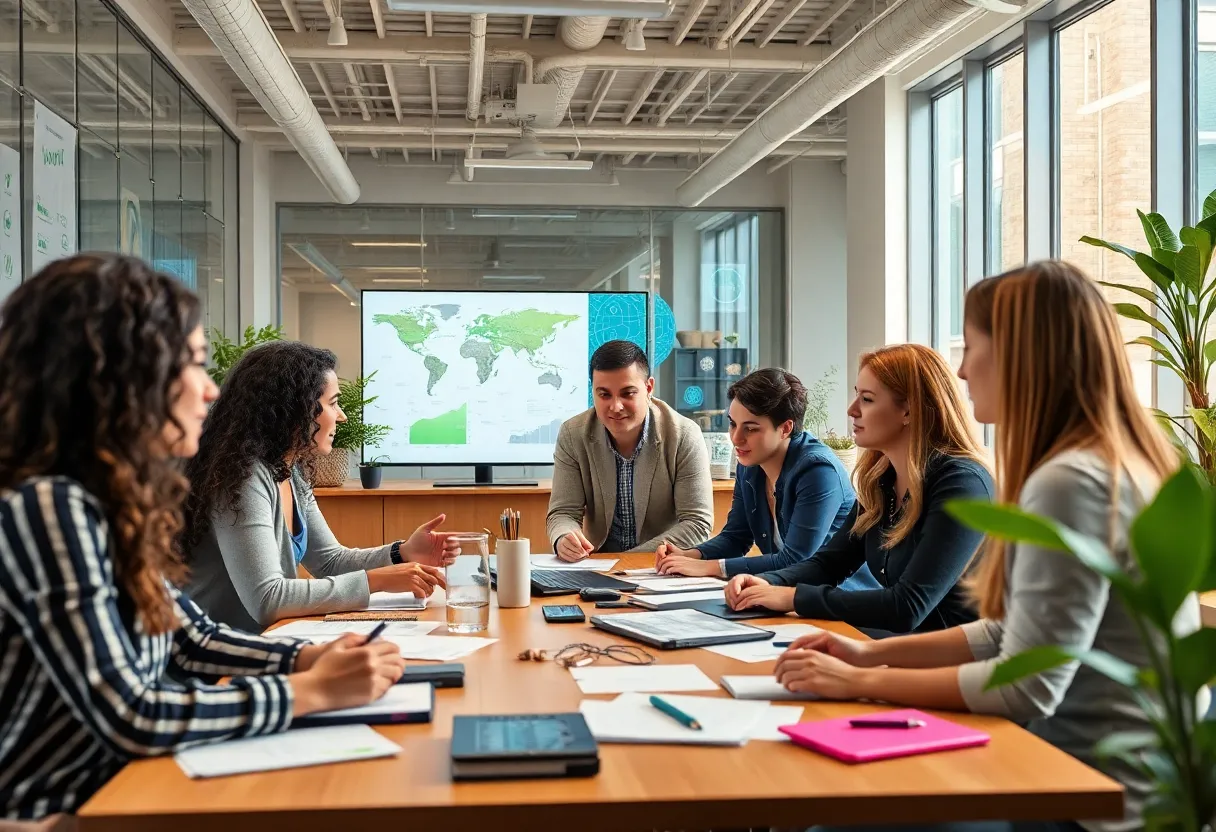 Team discussing marketing strategies in a modern office