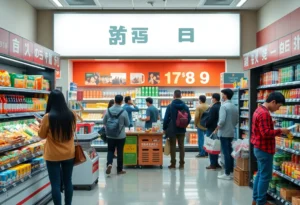 A vibrant and modern convenience store filled with products and customers