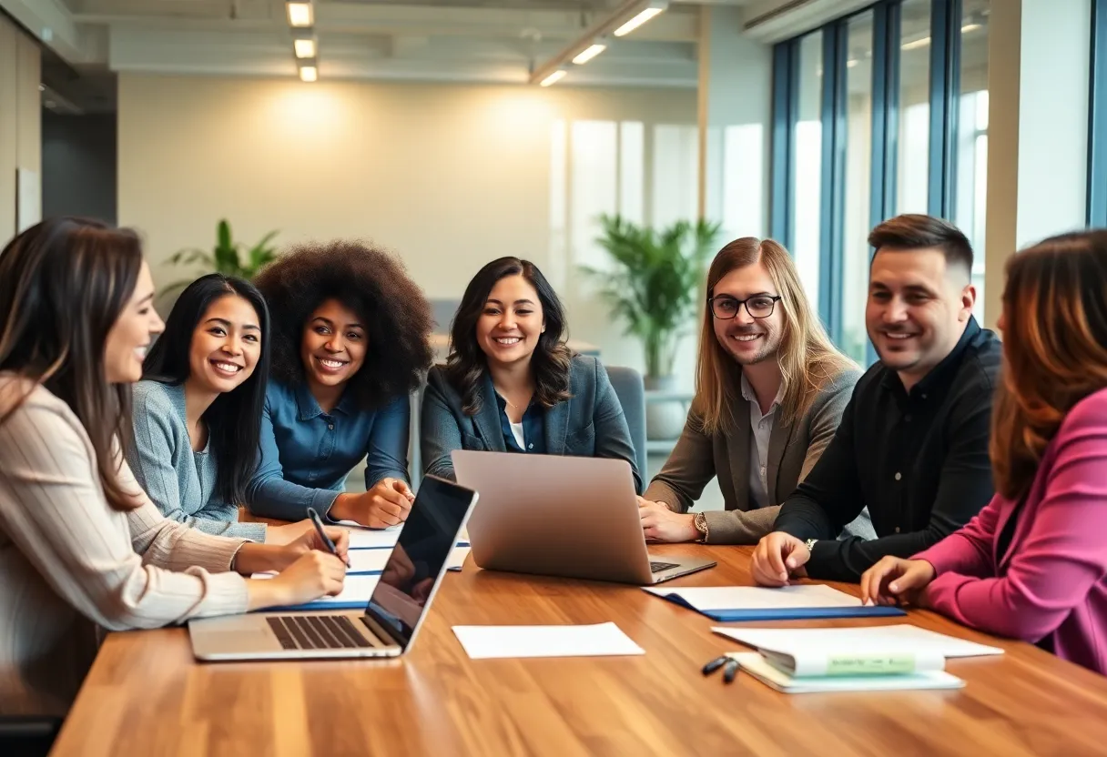 A diverse team discussing strategies in a modern office setting.