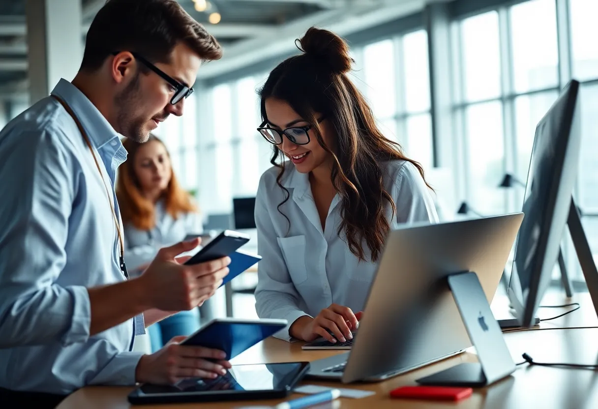 Professionals using advanced research tools in a modern office